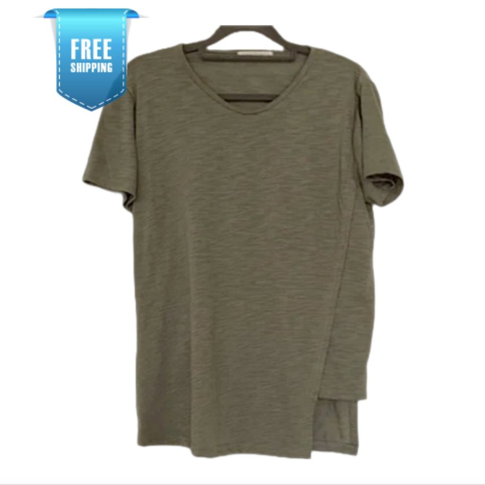 Khaki Vintage lightweight cutout asymmetric short sleeves T shirt top - Size S/M